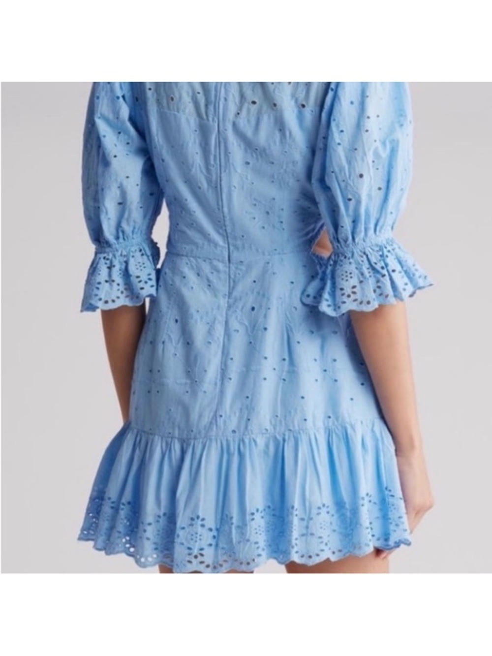 French Connection Blue Eyelet Puff Sleeve Mini Dress Size 2 - Picture 2 of 6